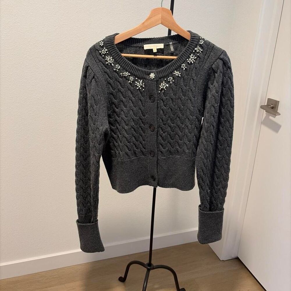 LoveShackFancy Charcoal Grey 100% Merino Wool Pearl Embellished Cardigan